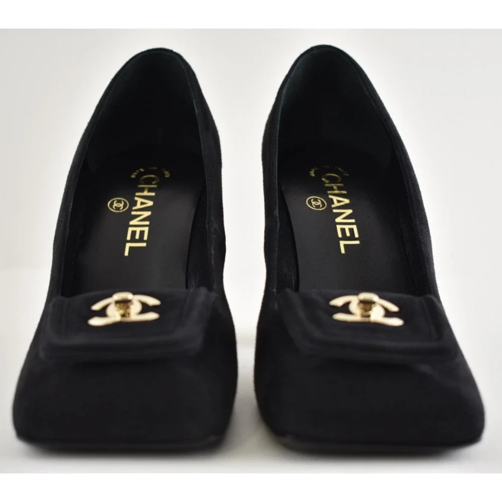 Chanel 26S Blazy Black Suede Square Toe Turnlock Gold CC Logo Block Heel Pump 38